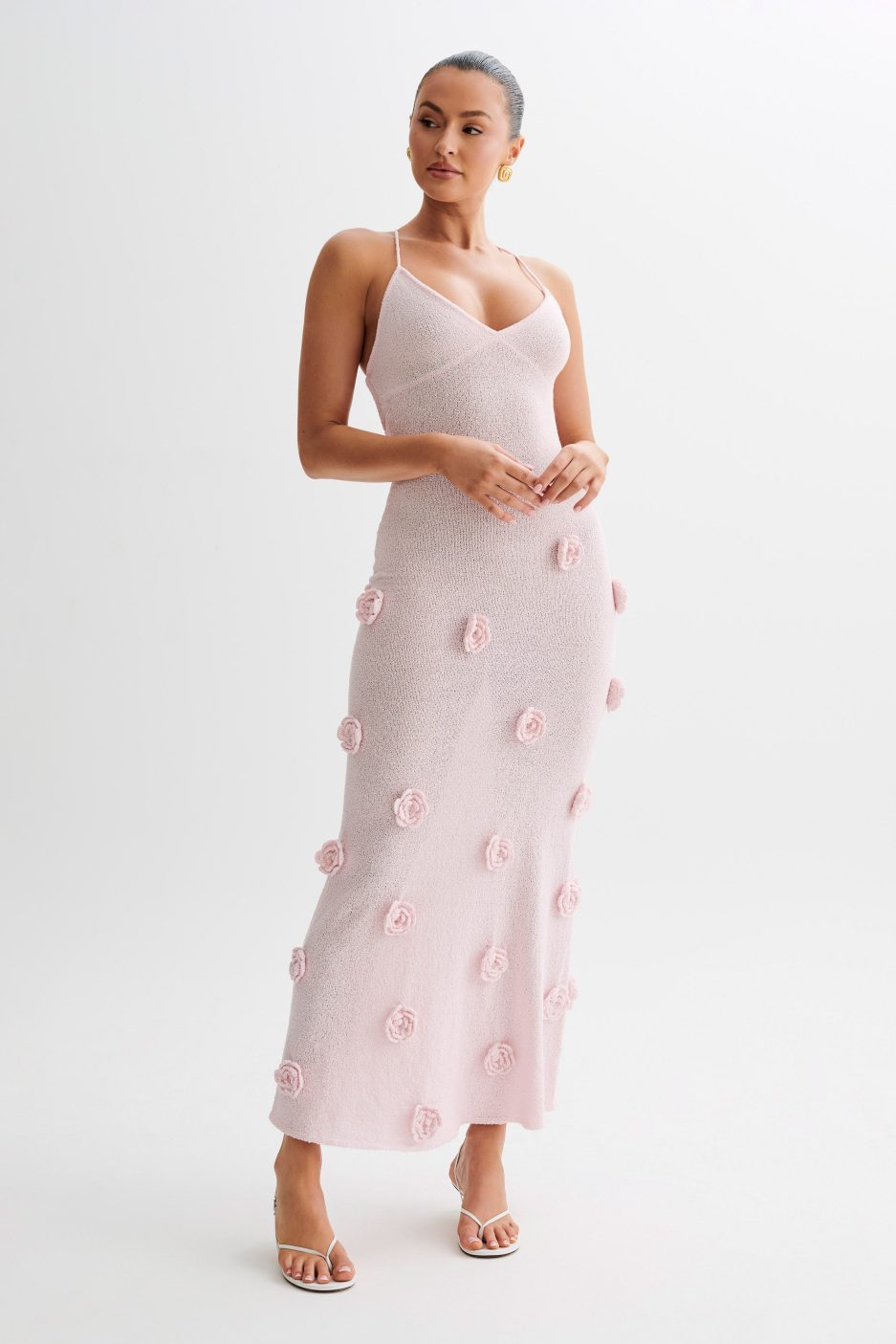 Lace-Up Open Back V-Neck Floral Knit Maxi Dress for Women