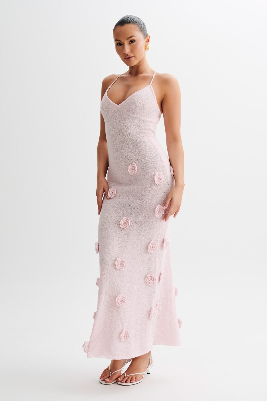 Lace-Up Open Back V-Neck Floral Knit Maxi Dress for Women