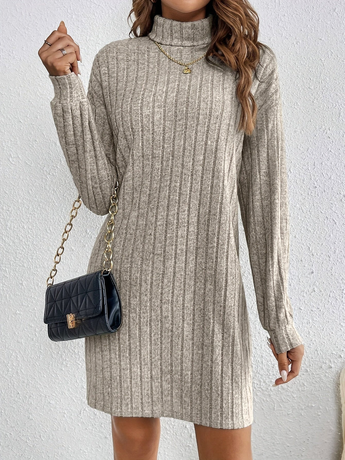 Ribbed Turtleneck Sweater Dress in Knit Fabric for Casual Fall Outfits