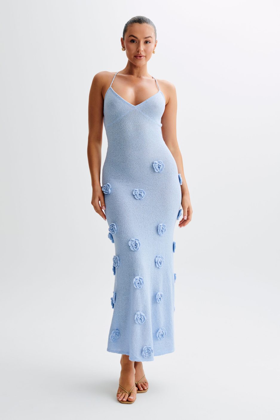 Lace-Up Open Back V-Neck Floral Knit Maxi Dress for Women