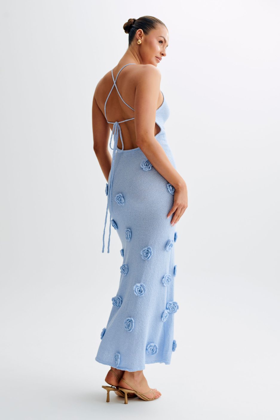Lace-Up Open Back V-Neck Floral Knit Maxi Dress for Women