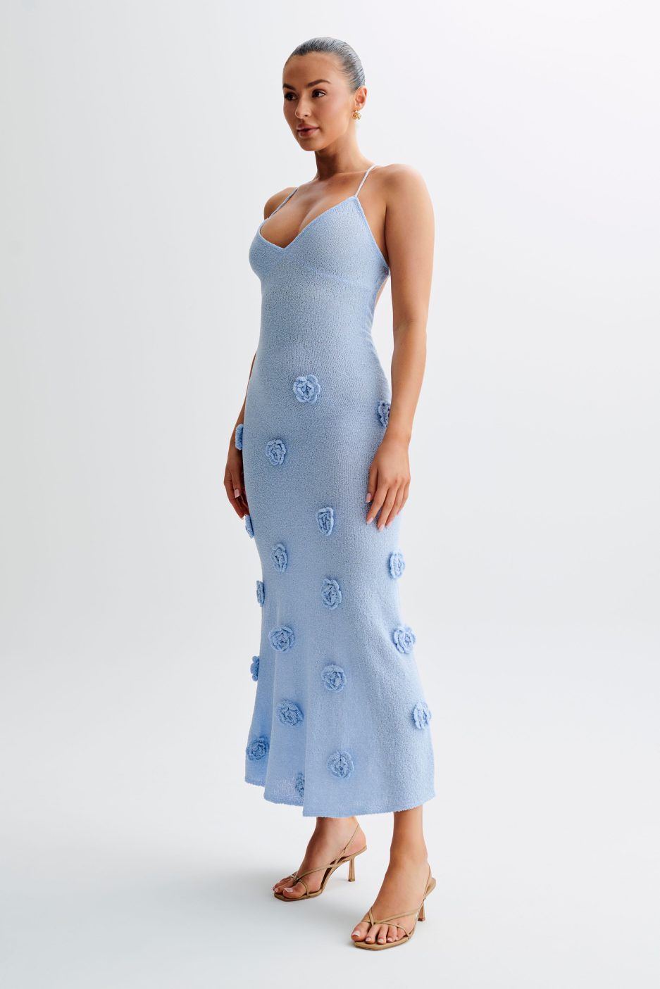 Lace-Up Open Back V-Neck Floral Knit Maxi Dress for Women