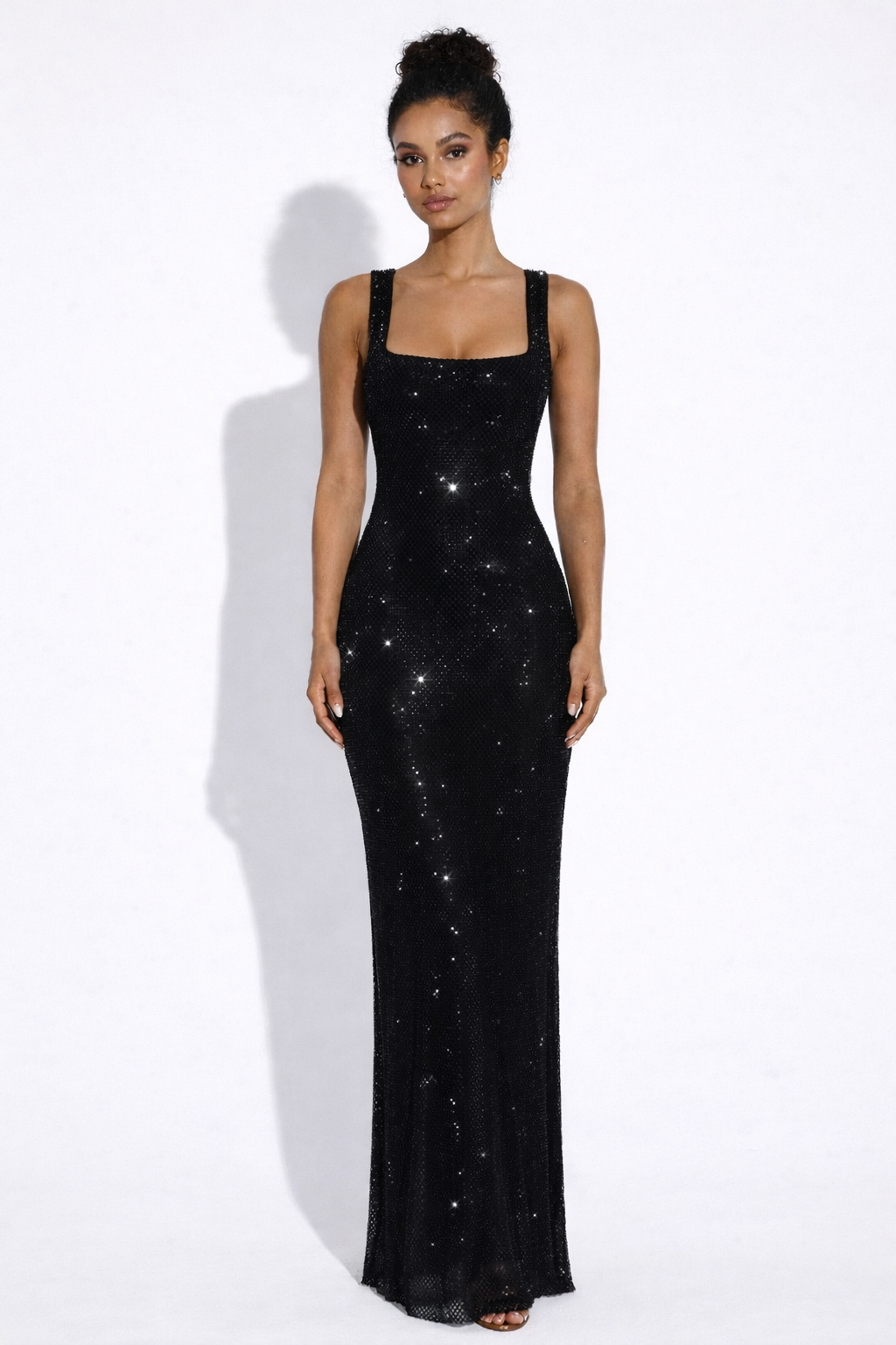 Crystal Mesh Maxi Dress with Square Neck for Evening Events and Formal Occasions