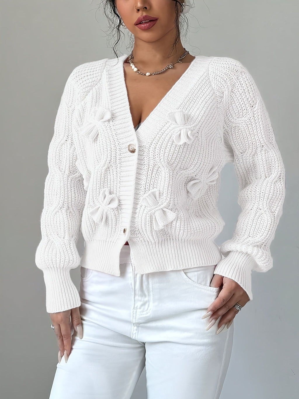 Soft Bow-Detail Long Sleeve Cardigan in Comfortable Knit for Casual Wear