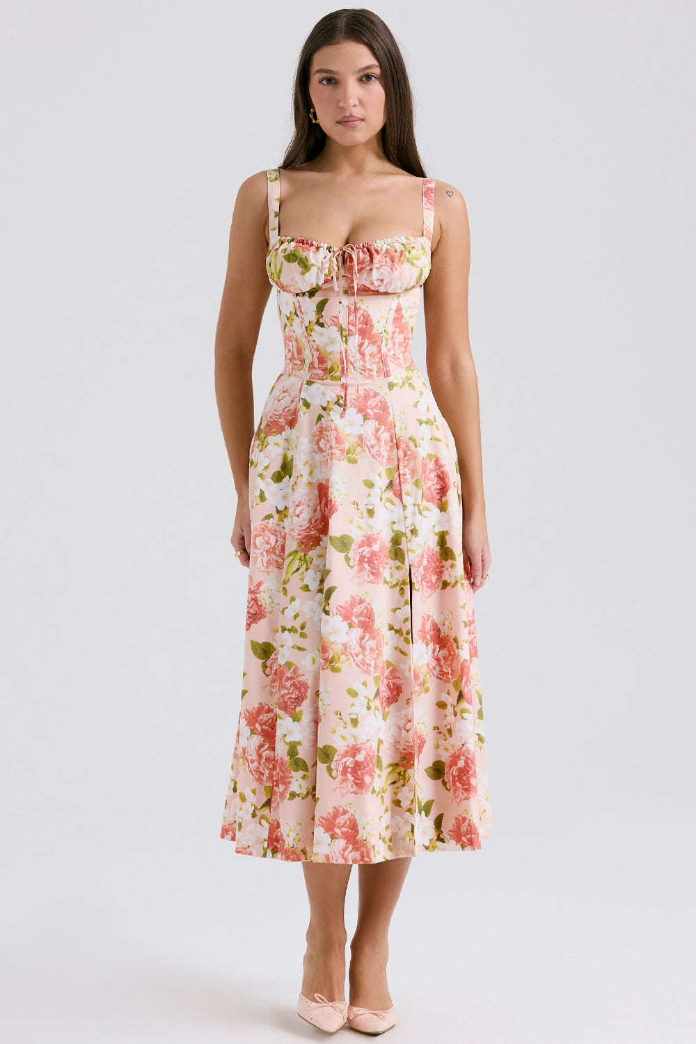 Pink Peony Lace-Up Midi Dress Women UK – Garden Party, Date Night Casual