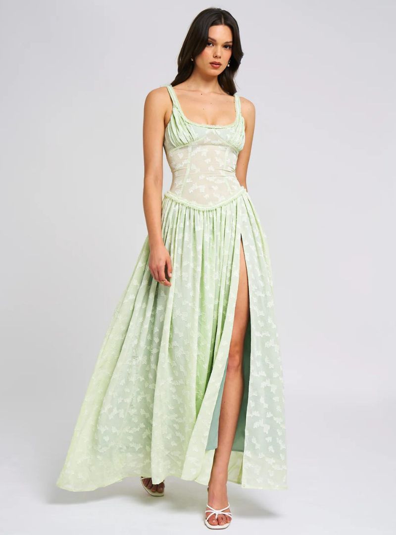 Floral Maxi Dress with High Slit - Ruched Design for Special Occasions