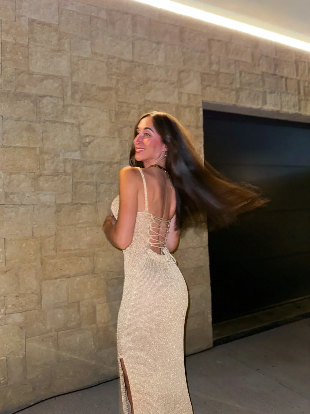 Metallic Knit Maxi Dress with Lace-Up Back and Thigh-High Slit for Evening Events