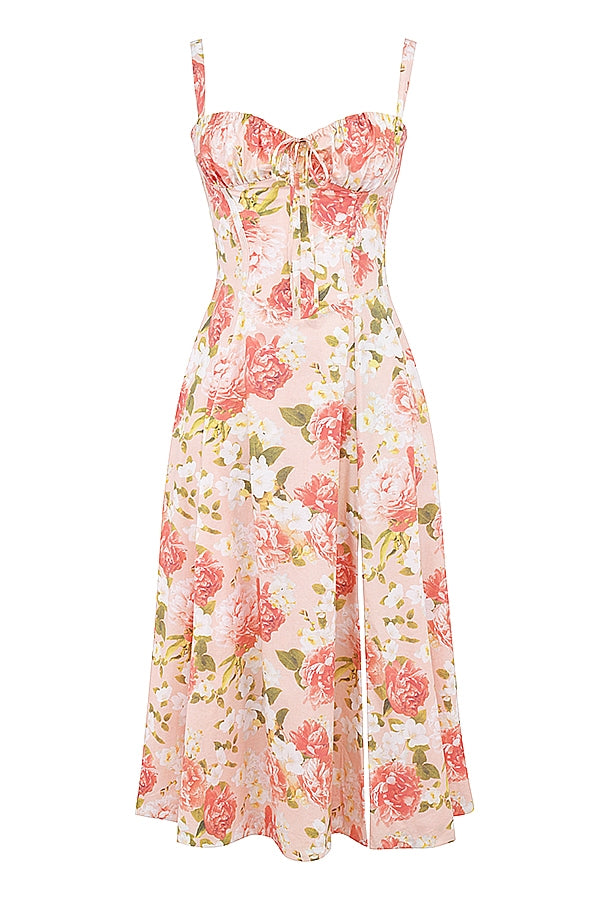 Pink Peony Lace-Up Midi Dress Women UK – Garden Party, Date Night Casual