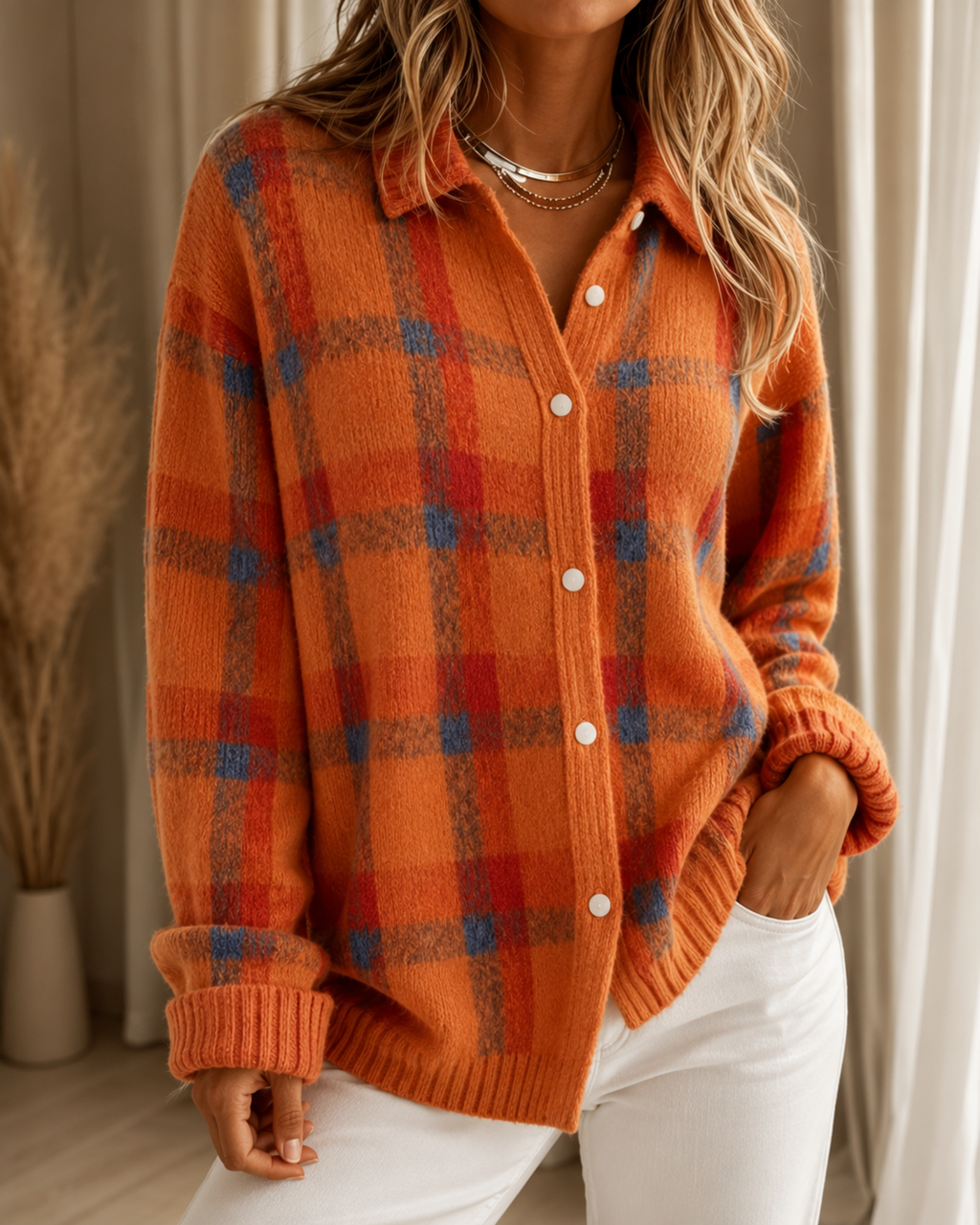 Chic Layering Essential – Checkered Longline Cardigan