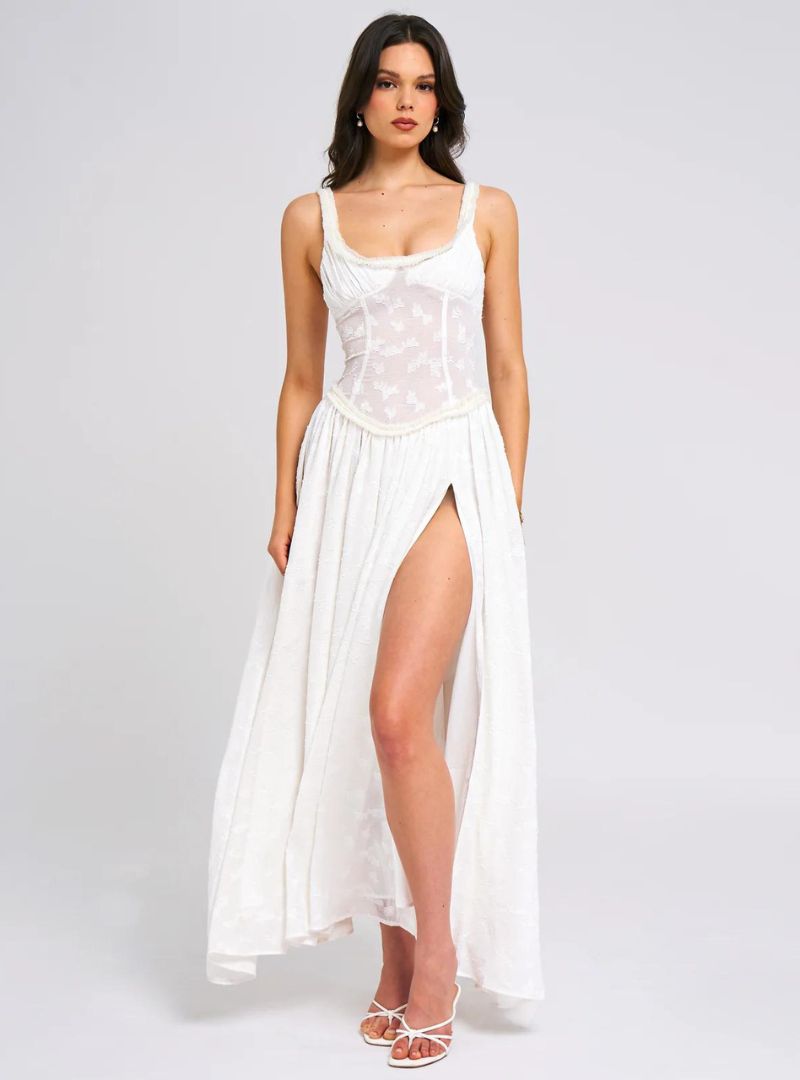 Floral Maxi Dress with High Slit - Ruched Design for Special Occasions
