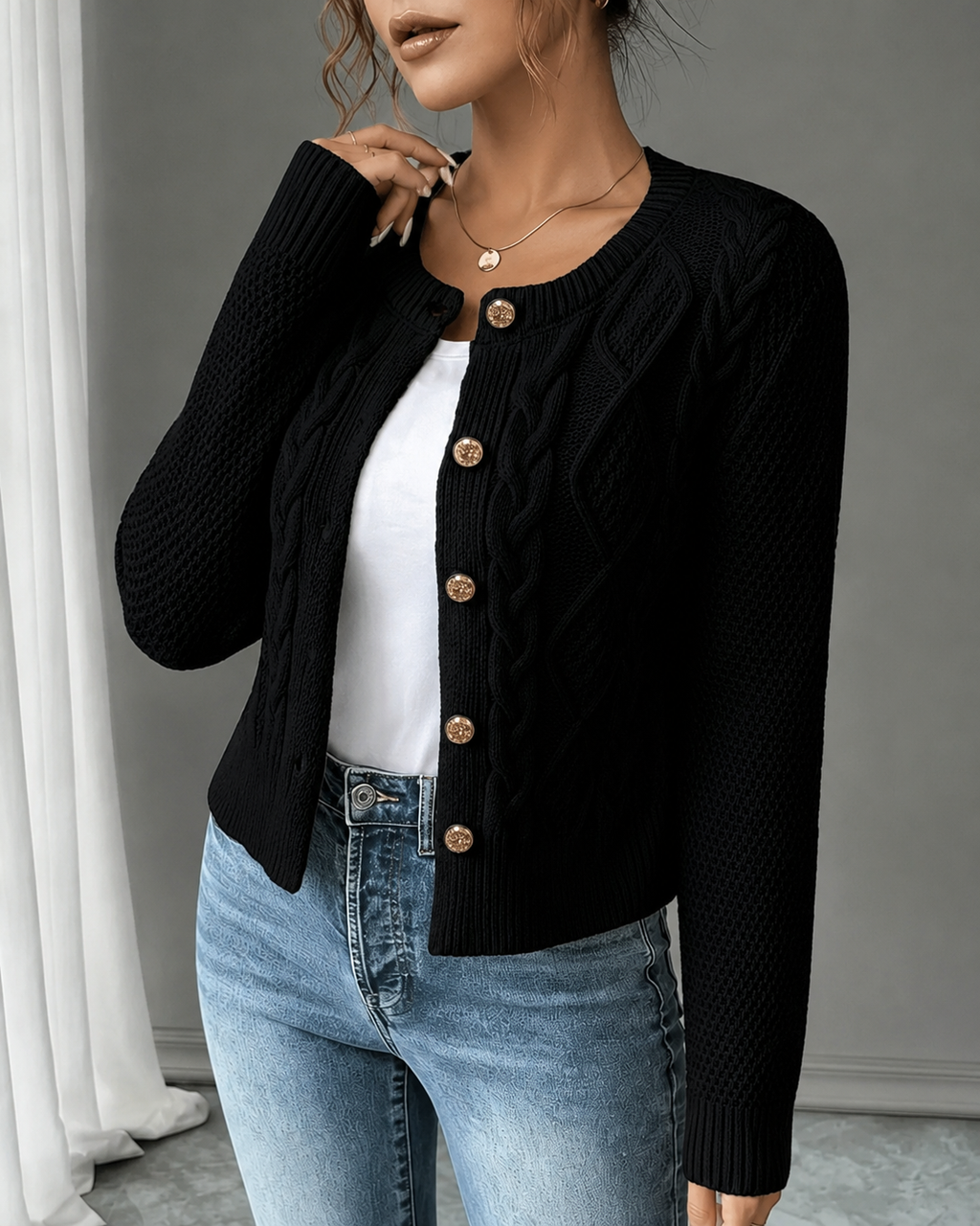 Office Chic – Soft Cable-Knit Button-Front Cardigan