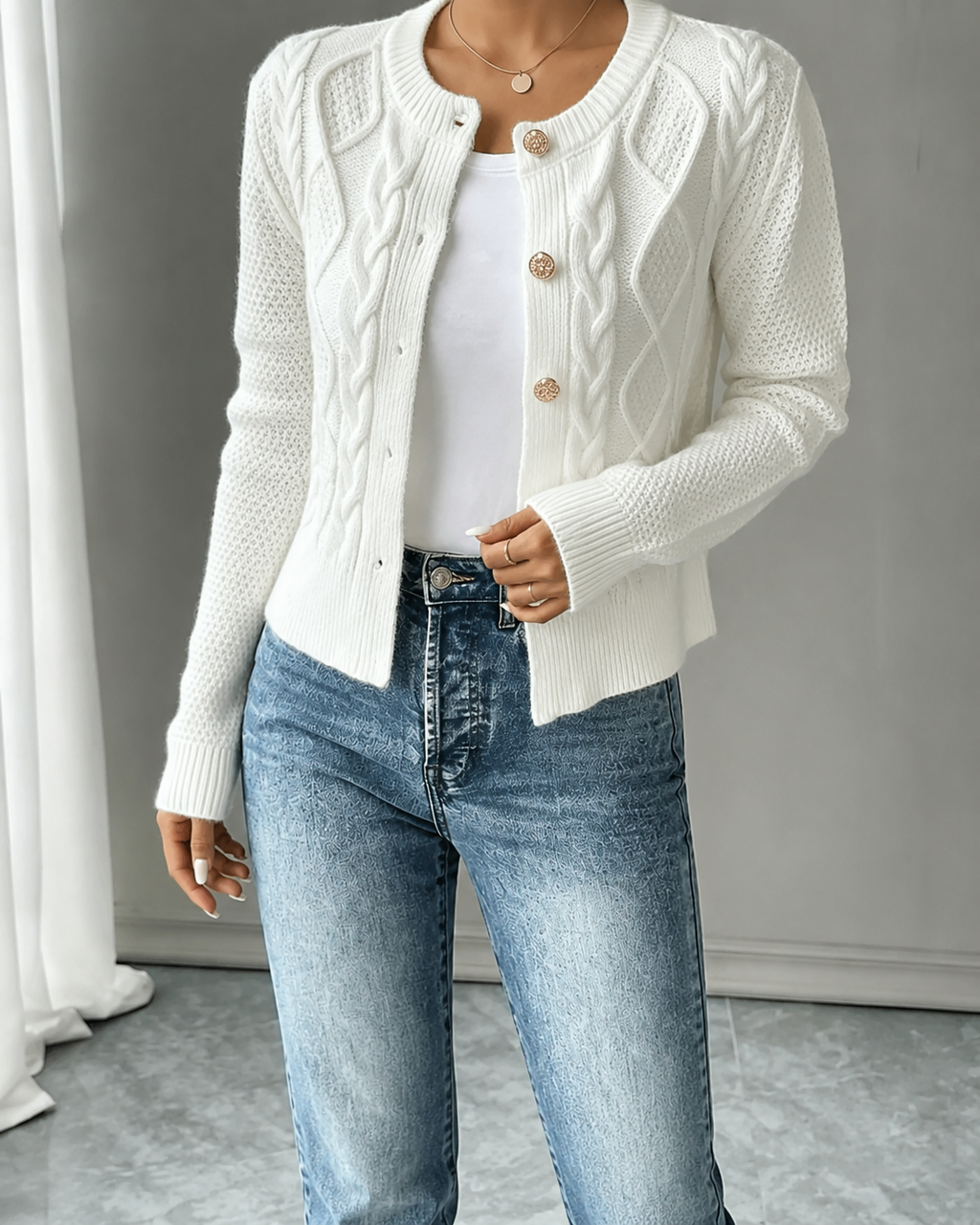 Office Chic – Soft Cable-Knit Button-Front Cardigan
