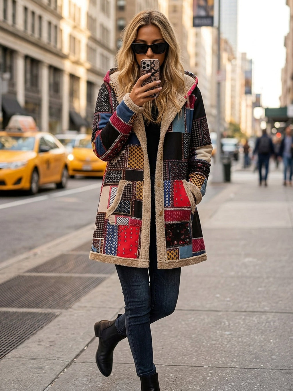 Patchwork Hooded Jacket - Cozy Cotton Blend - Casual Outerwear for Women
