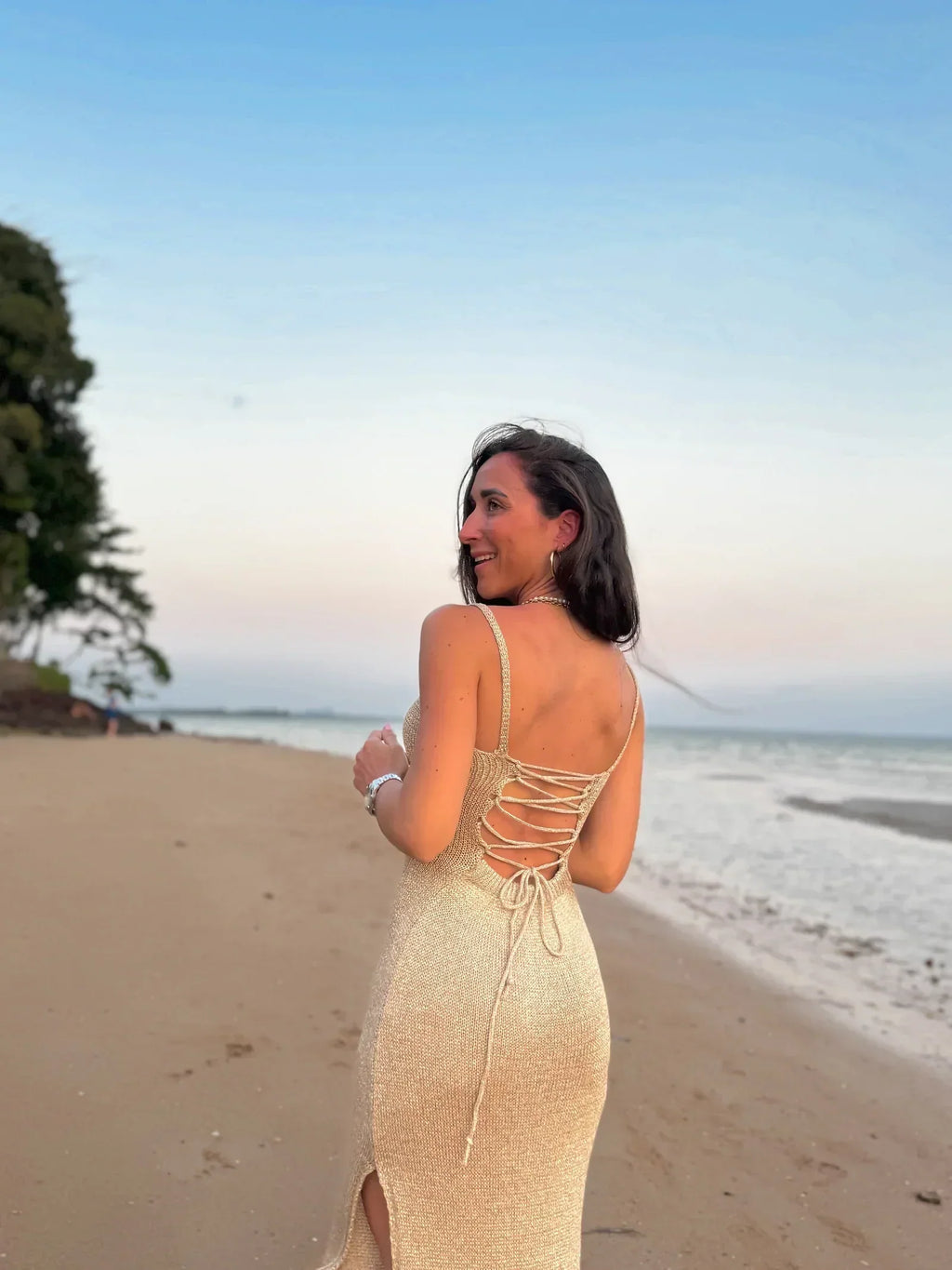 Metallic Knit Maxi Dress with Lace-Up Back and Thigh-High Slit for Evening Events