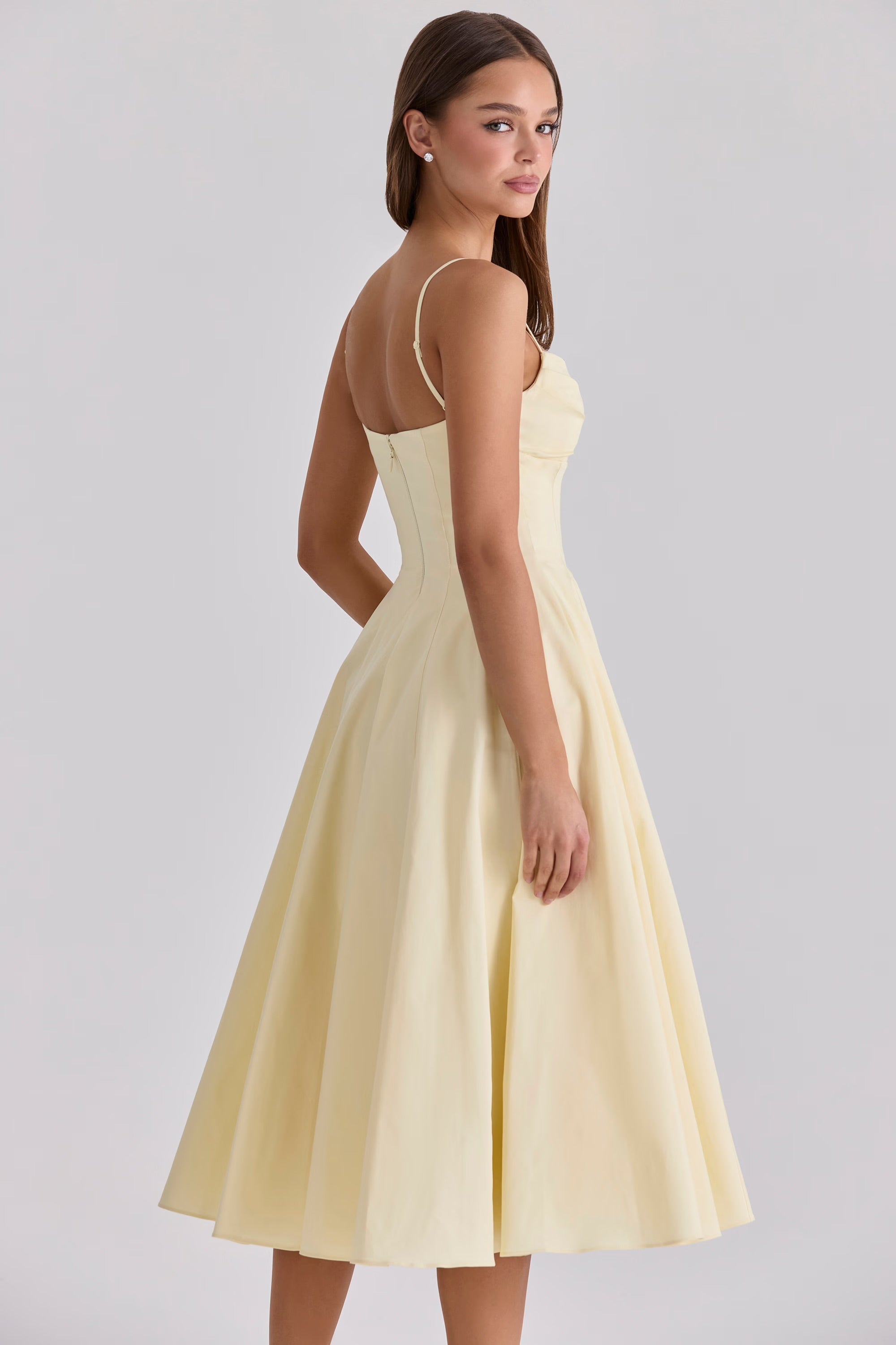 Pima Cotton Gathered Bust Midi Dress Women UK – Wedding Guest Garden Party Evening Gown, Cocktail Attire
