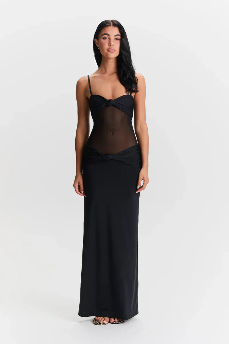 Twist-Knot Mesh Panel Maxi Dress Women UK – Evening Gown, Cocktail Event