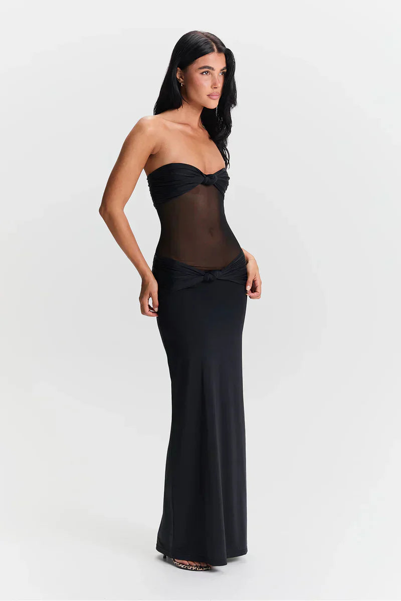 Twist-Knot Mesh Panel Maxi Dress Women UK – Evening Gown, Cocktail Event