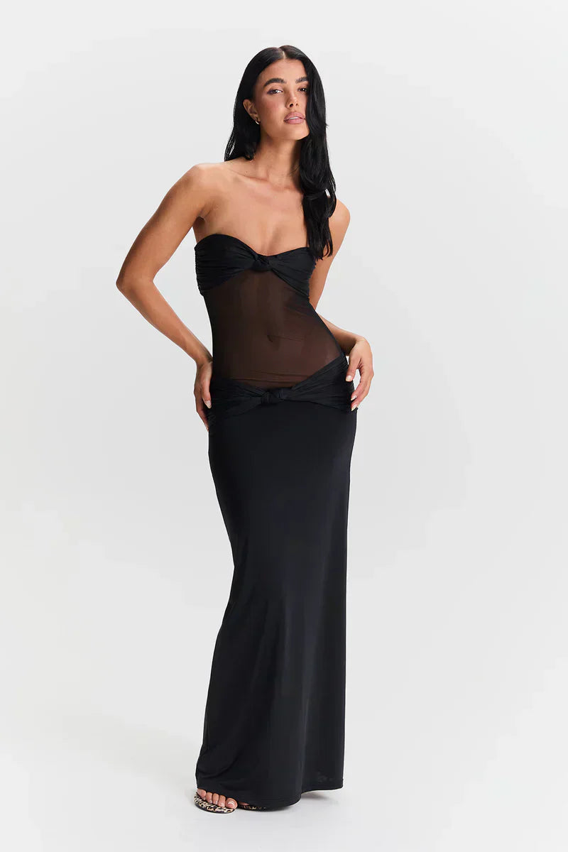 Twist-Knot Mesh Panel Maxi Dress Women UK – Evening Gown, Cocktail Event