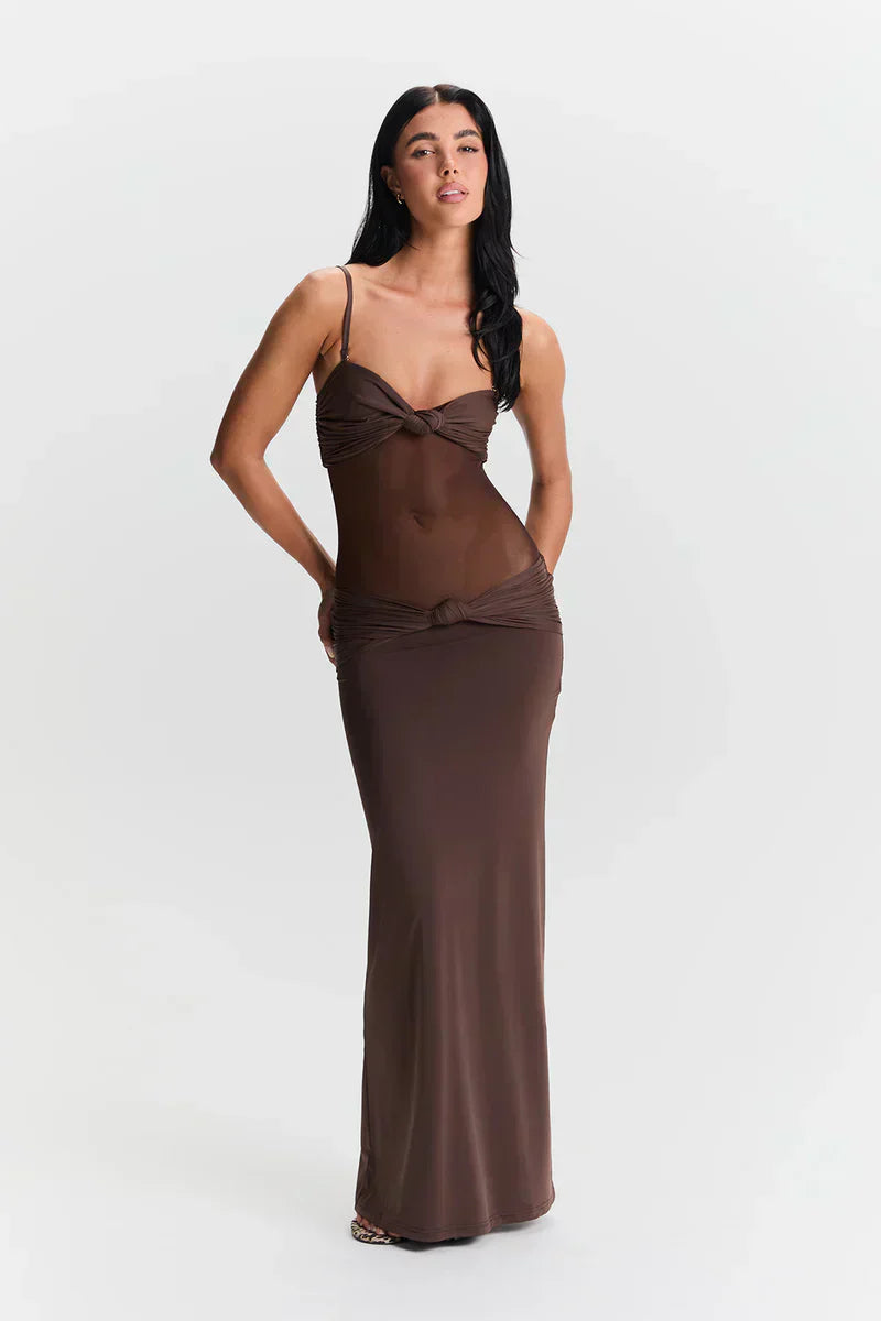 Twist-Knot Mesh Panel Maxi Dress Women UK – Evening Gown, Cocktail Event