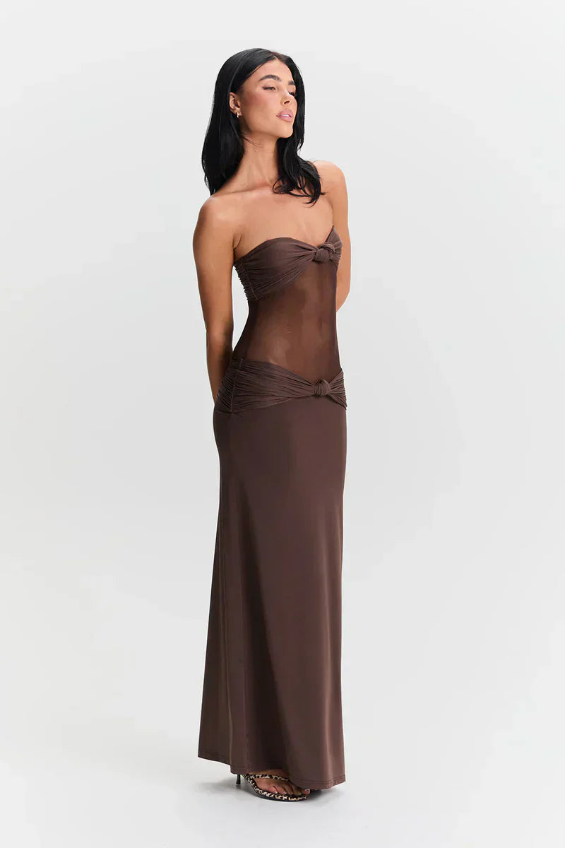 Twist-Knot Mesh Panel Maxi Dress Women UK – Evening Gown, Cocktail Event