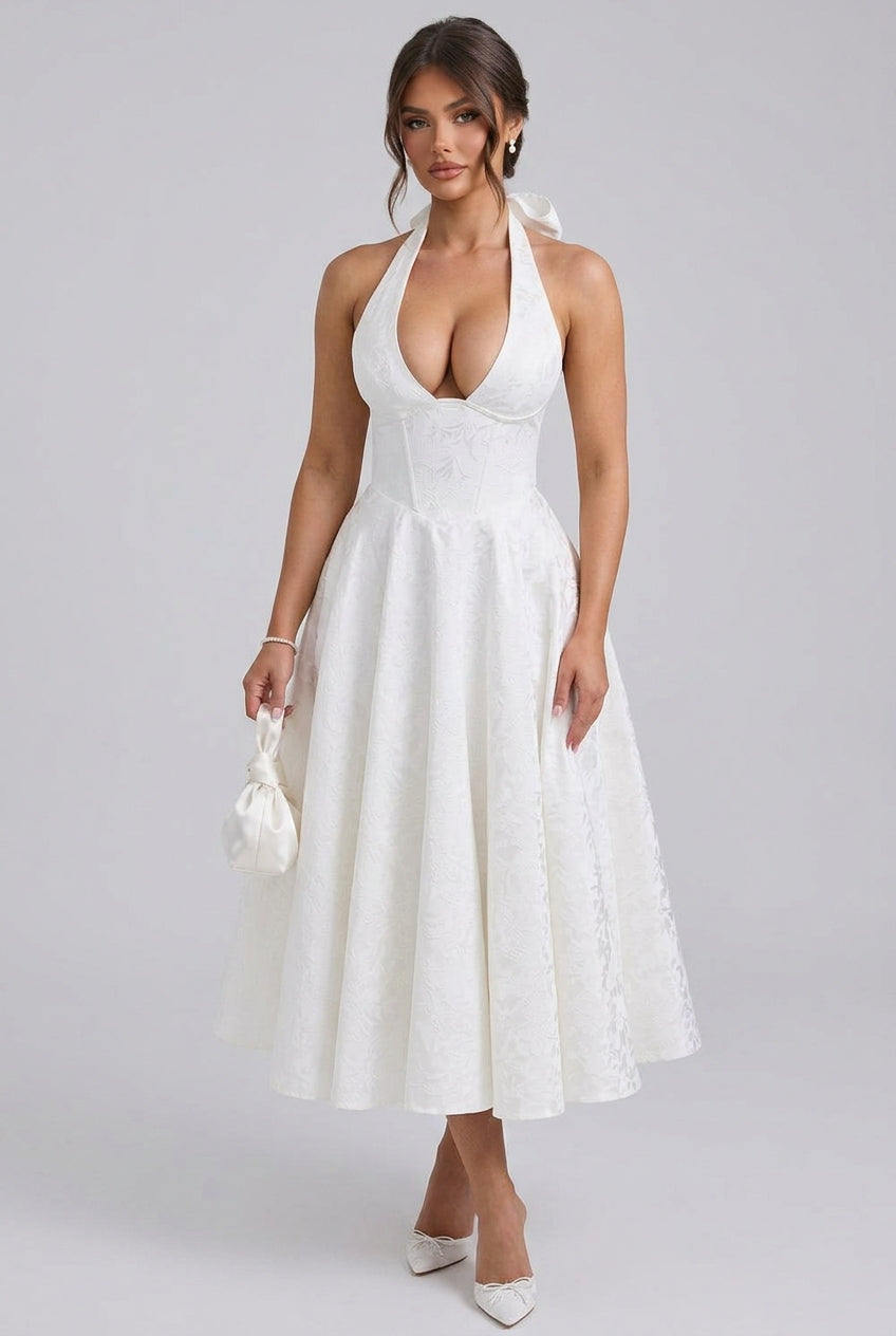 Floral Jacquard Midi Dress Women UK – Wedding Guest Garden Party Summer Outfit, Cocktail Attire