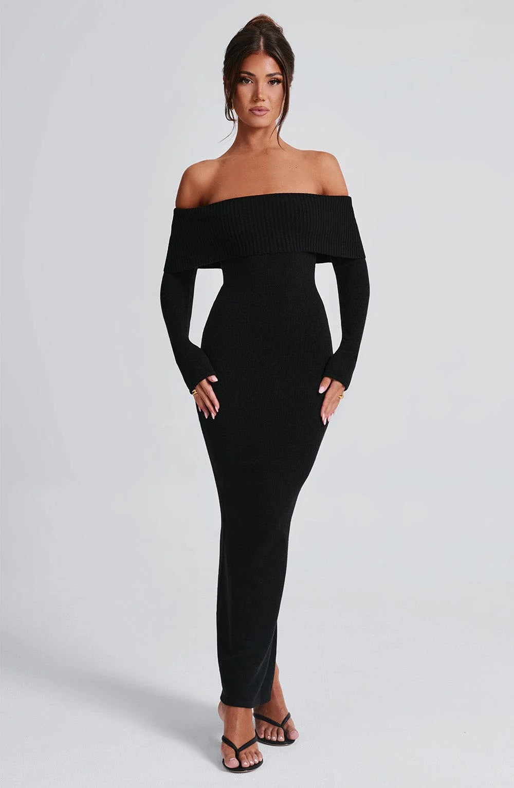 Black Knit Off-Shoulder Maxi Dress Women UK – Evening Gown, Formal Occasion