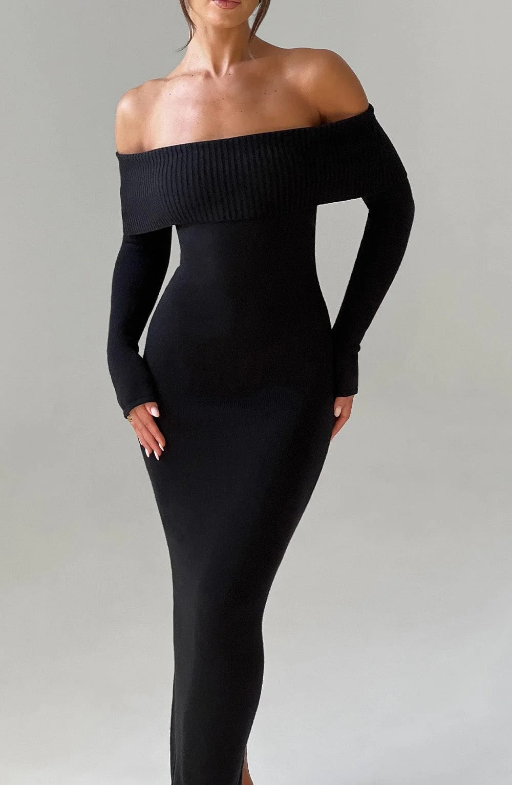 Black Knit Off-Shoulder Maxi Dress Women UK – Evening Gown, Formal Occasion