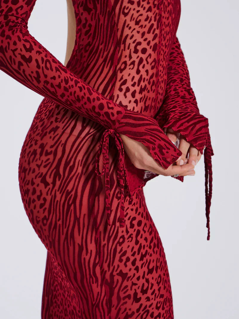 Animal Print Semi-Sheer Mesh Maxi Dress with Sculpted Design for Casual Wear