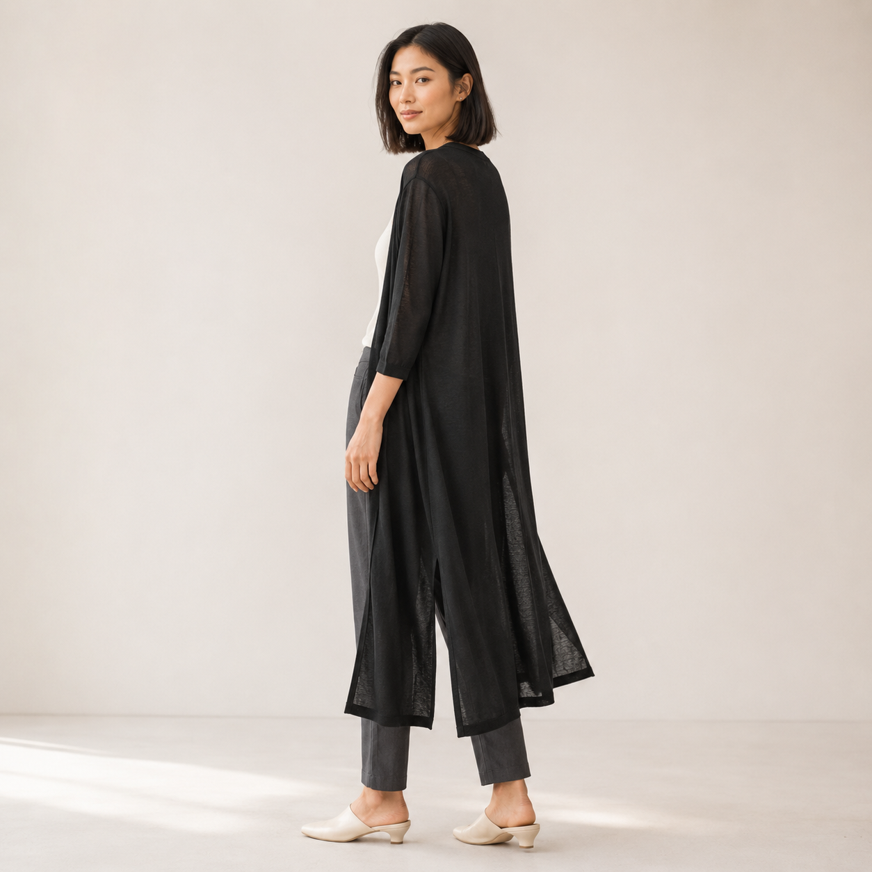 Brunch Ready – Light Grey Longline Open-Front Cardigan