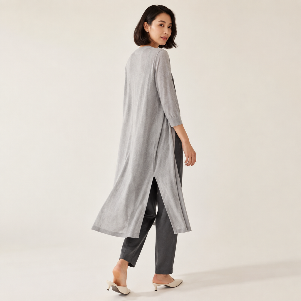 Brunch Ready – Light Grey Longline Open-Front Cardigan
