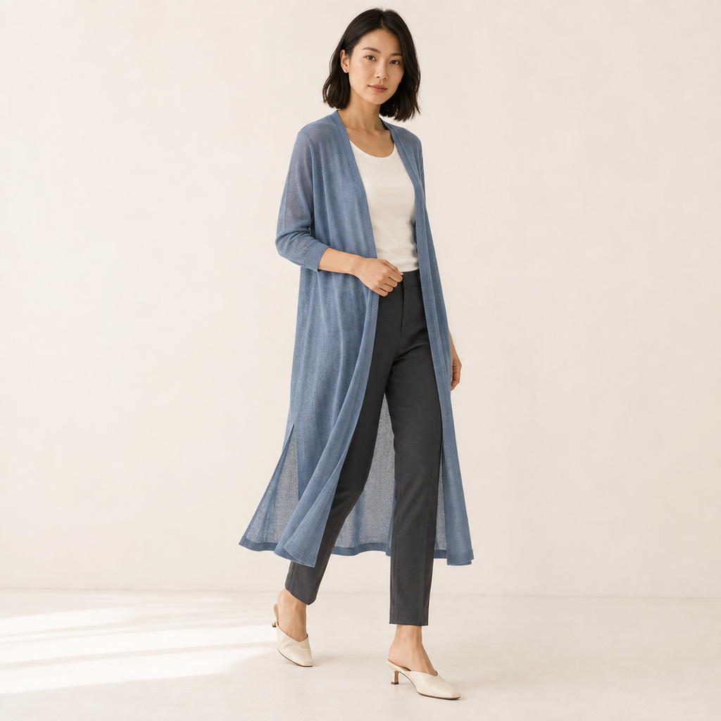 Brunch Ready – Light Grey Longline Open-Front Cardigan