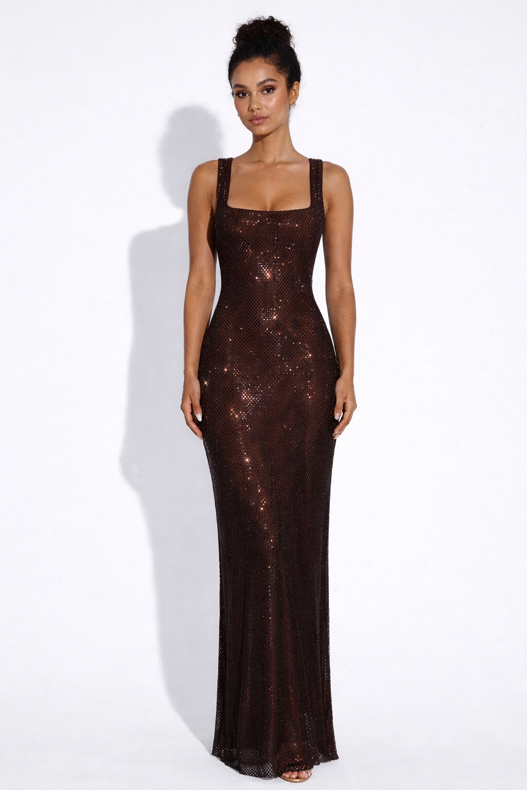 Crystal Mesh Maxi Dress with Square Neck for Evening Events and Formal Occasions