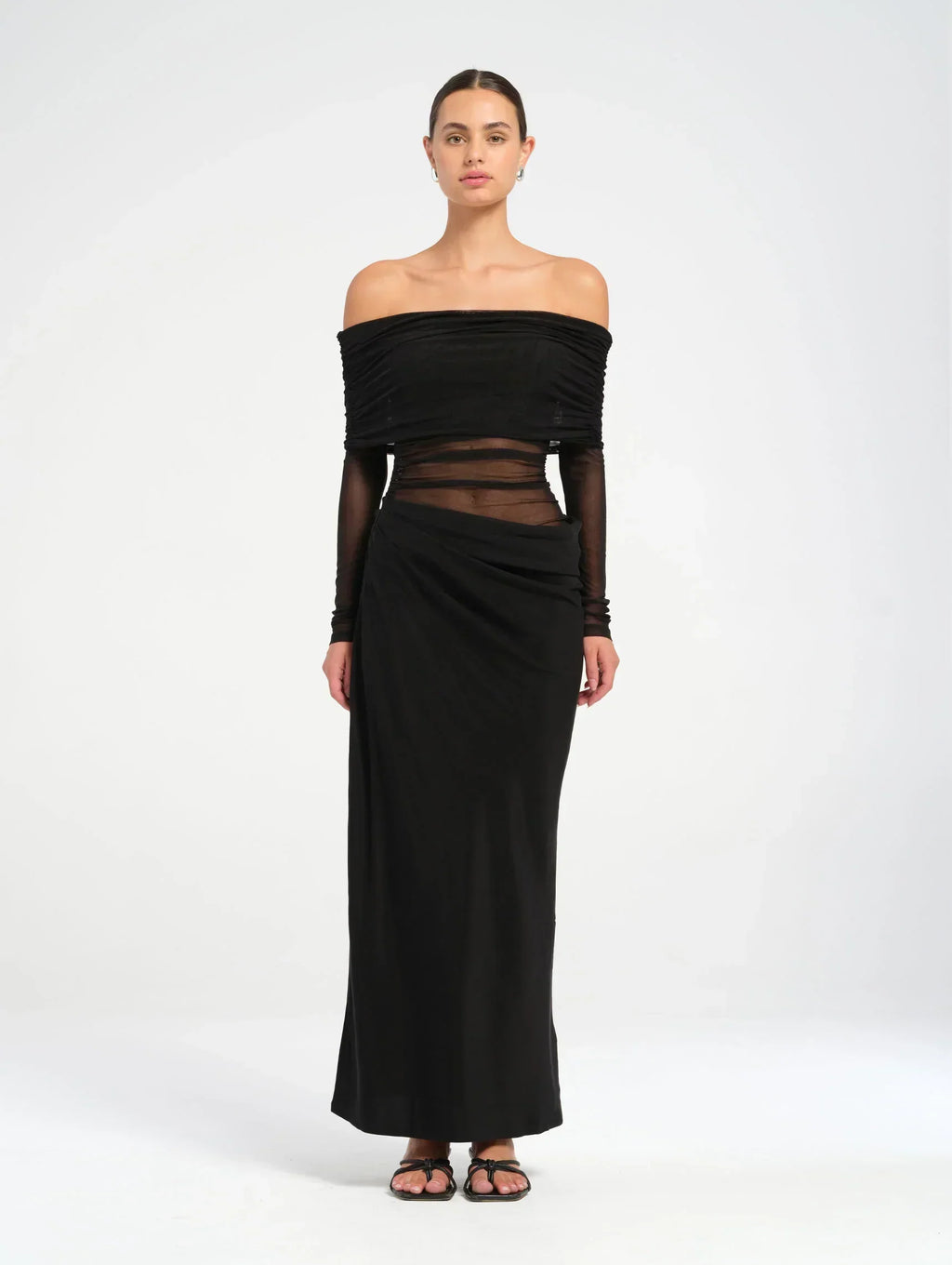 Off-Shoulder Sheer Mesh Cowl Maxi Dress for Evening Events and Parties