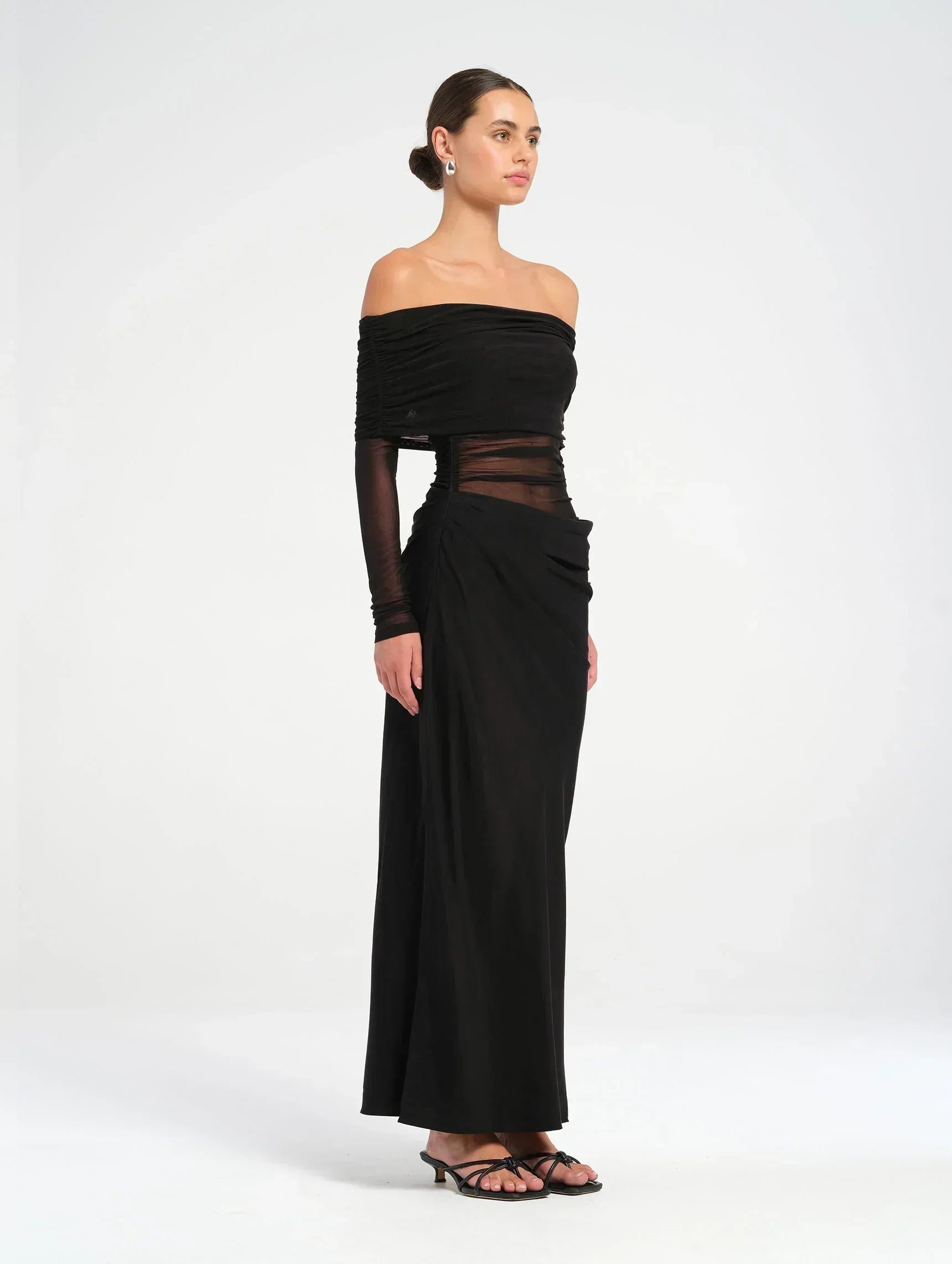 Off-Shoulder Sheer Mesh Cowl Maxi Dress for Evening Events and Parties