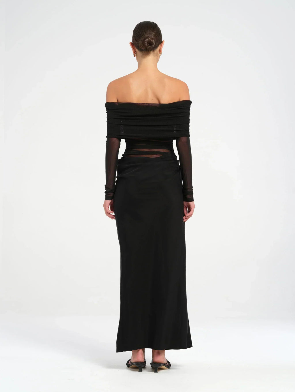 Off-Shoulder Sheer Mesh Cowl Maxi Dress for Evening Events and Parties
