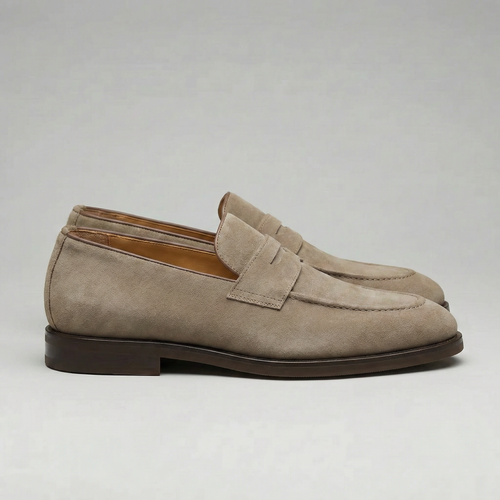 Beige Suede Penny Loafers for Men - Casual Slip-On Shoes for Everyday Wear