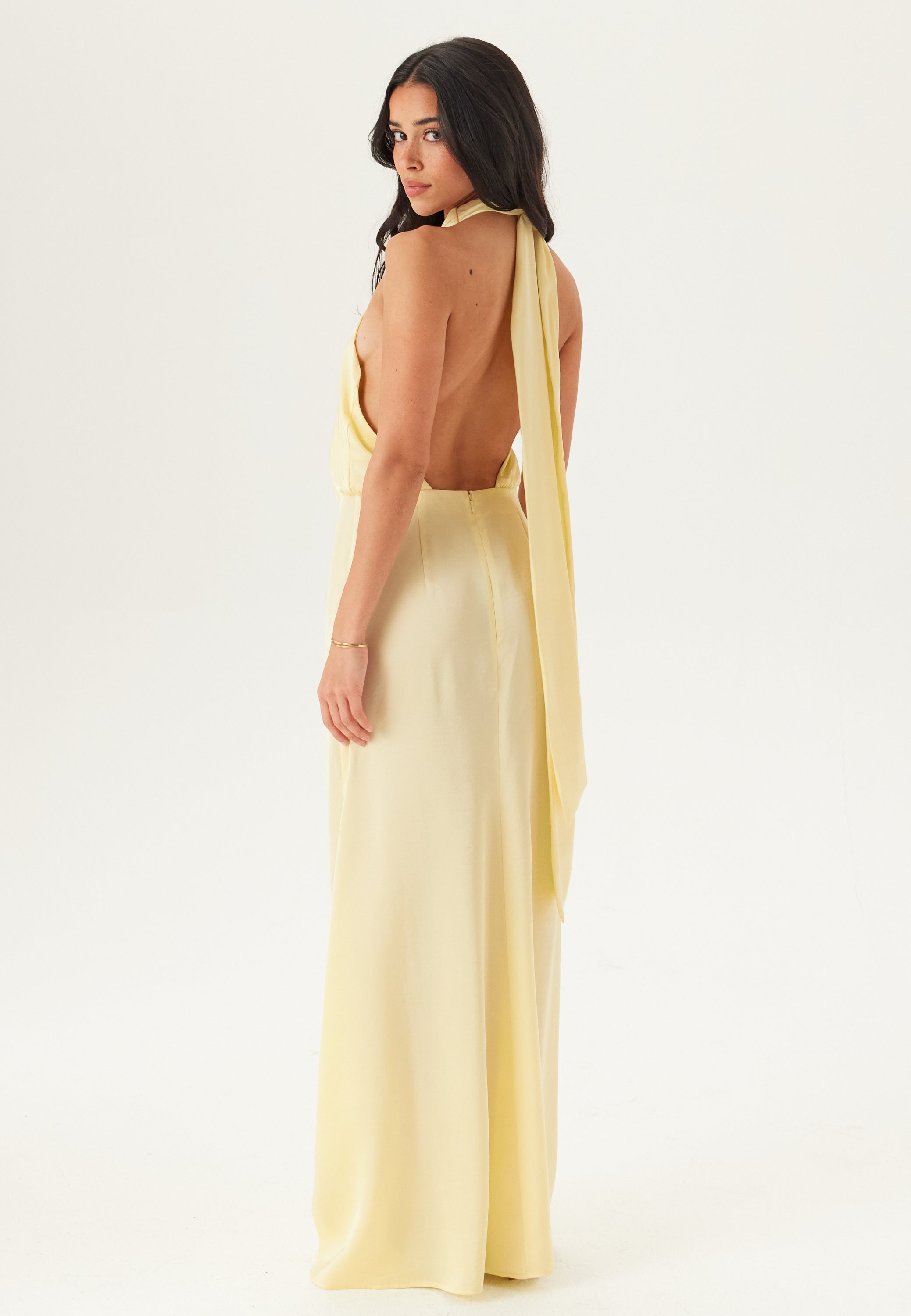 Buttery Yellow Satin Halterneck Maxi Dress for Evening Events