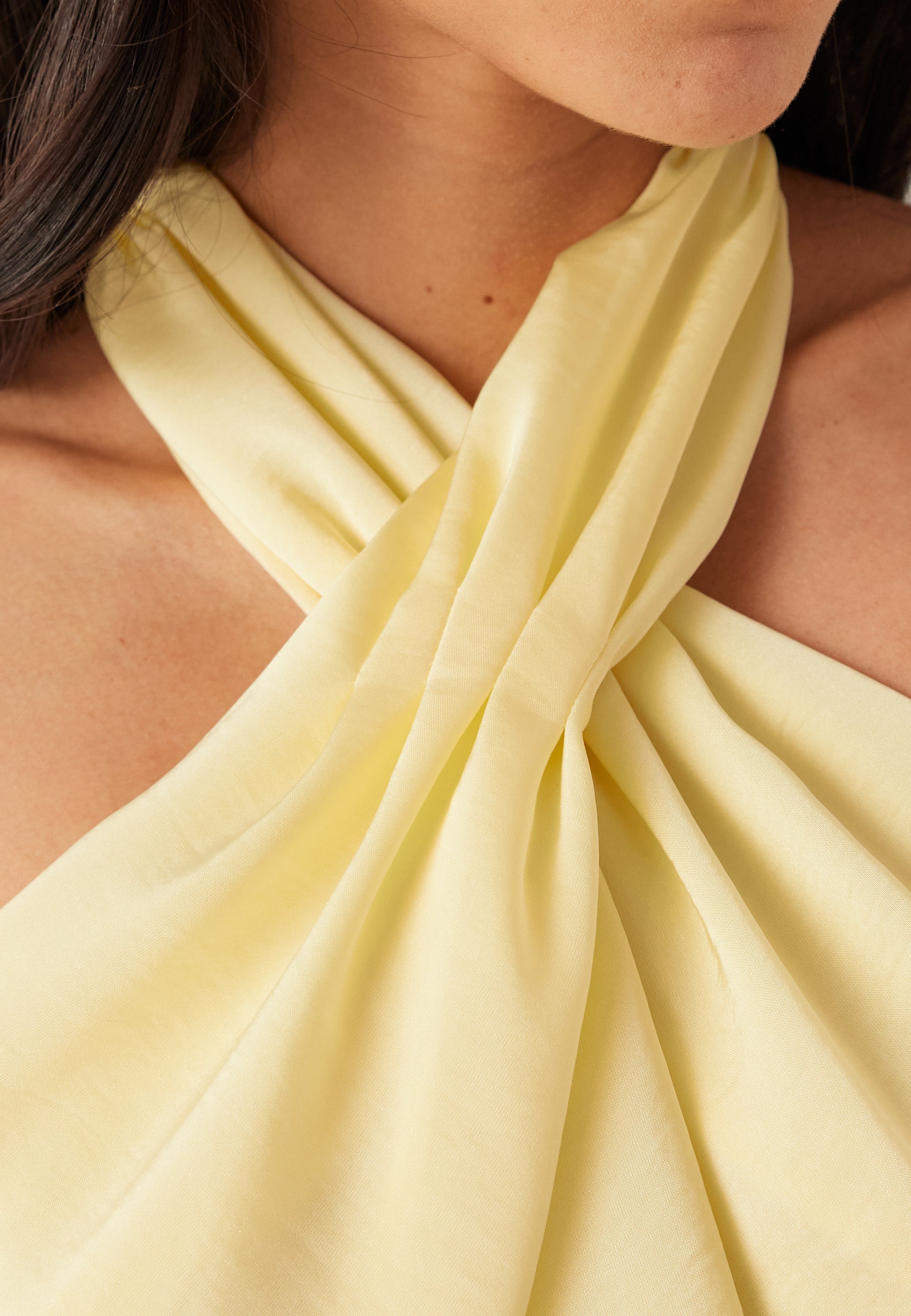 Buttery Yellow Satin Halterneck Maxi Dress for Evening Events