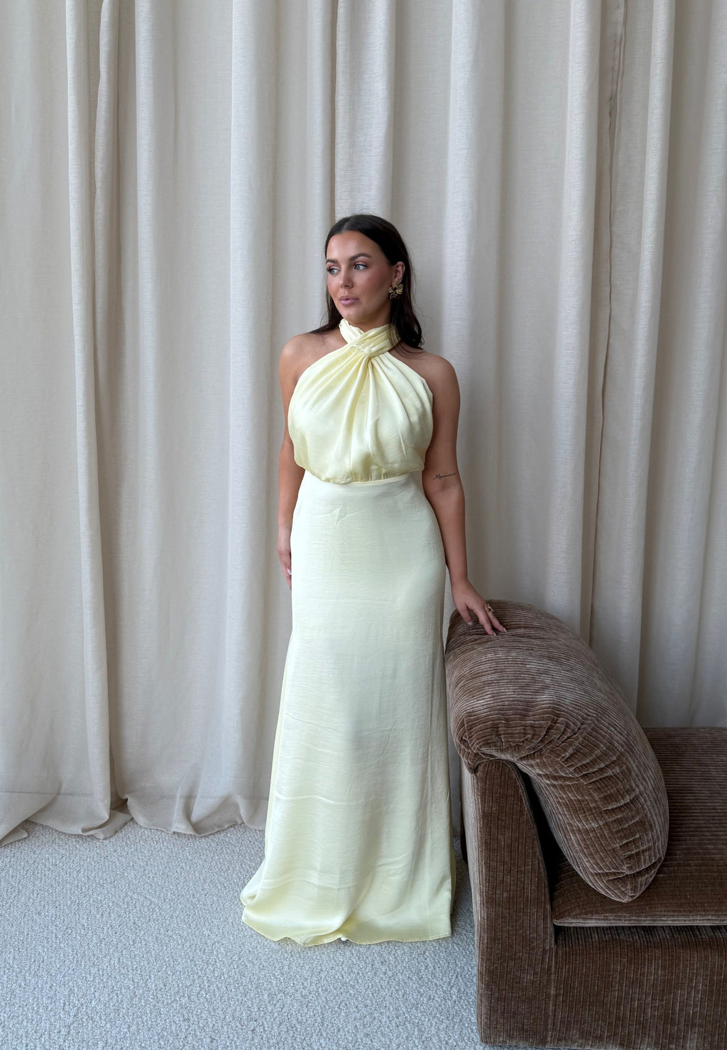 Buttery Yellow Satin Halterneck Maxi Dress for Evening Events