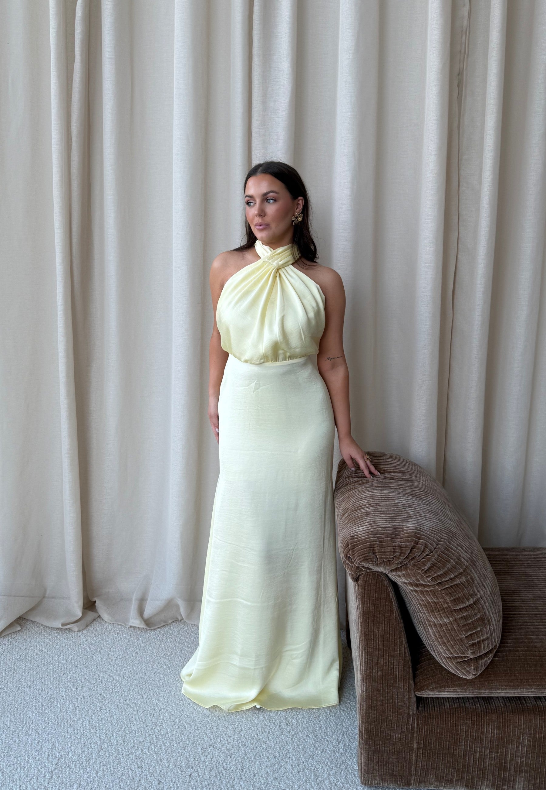 Buttery Yellow Satin Halterneck Maxi Dress for Evening Events