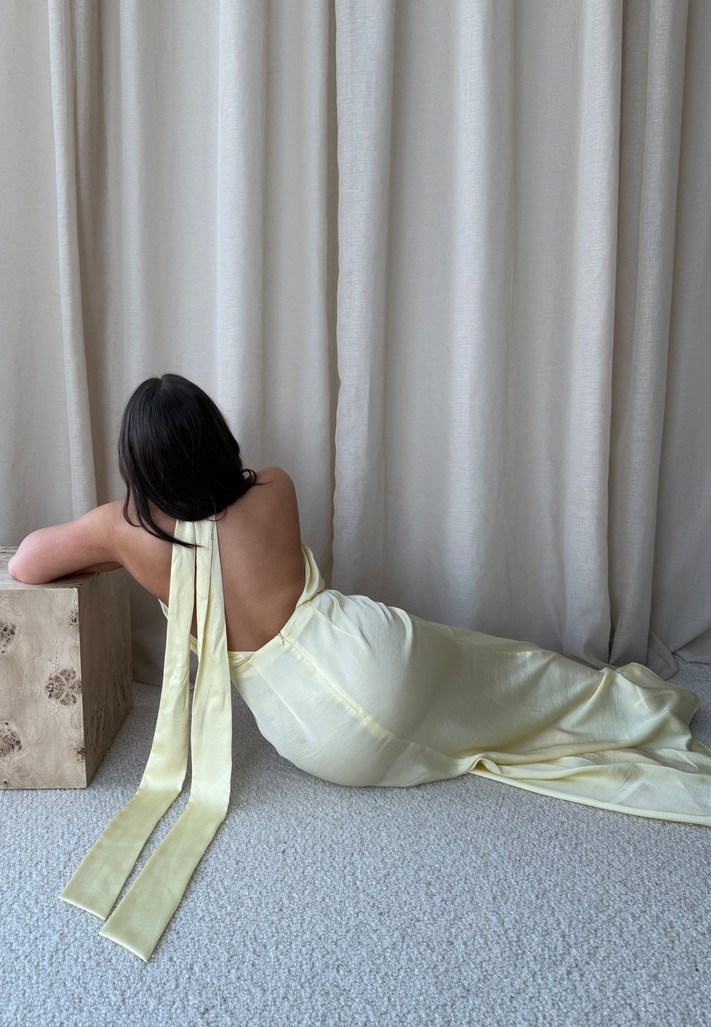 Buttery Yellow Satin Halterneck Maxi Dress for Evening Events