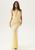 Buttery Yellow Satin Halterneck Maxi Dress for Evening Events