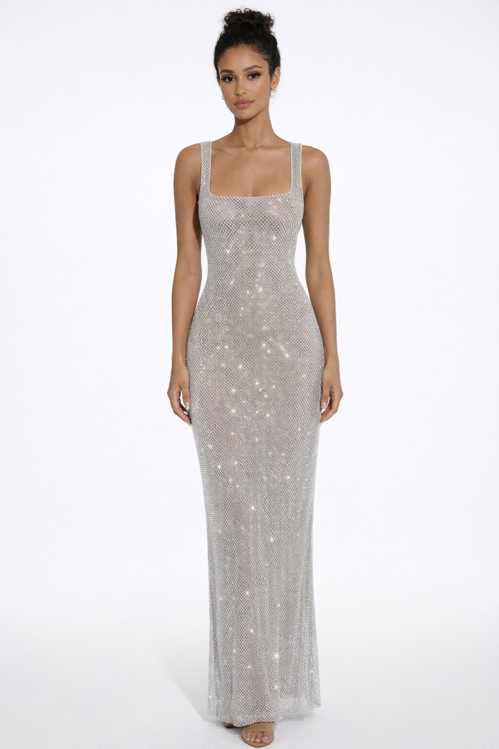 Crystal Mesh Maxi Dress with Square Neck for Evening Events and Formal Occasions