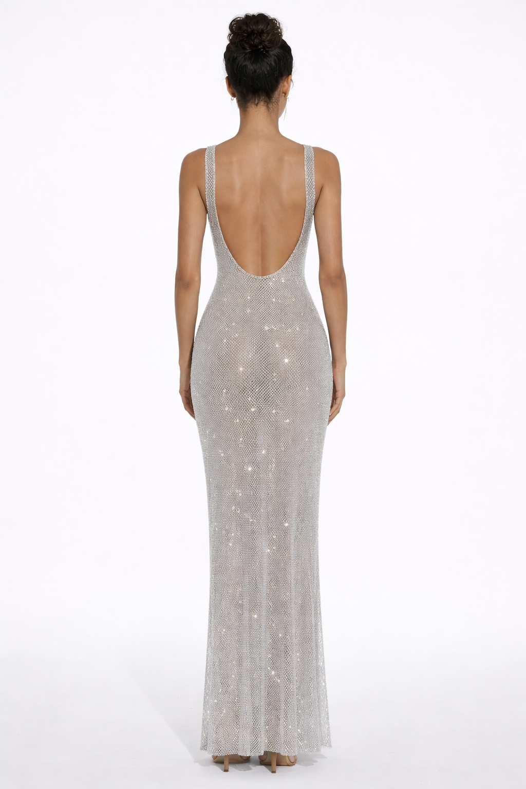 Crystal Mesh Maxi Dress with Square Neck for Evening Events and Formal Occasions