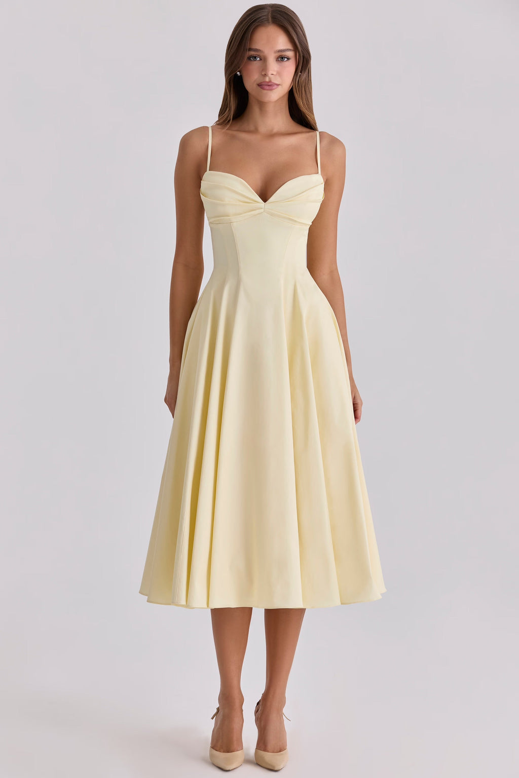 Pima Cotton Gathered Bust Midi Dress Women UK – Wedding Guest Garden Party Evening Gown, Cocktail Attire