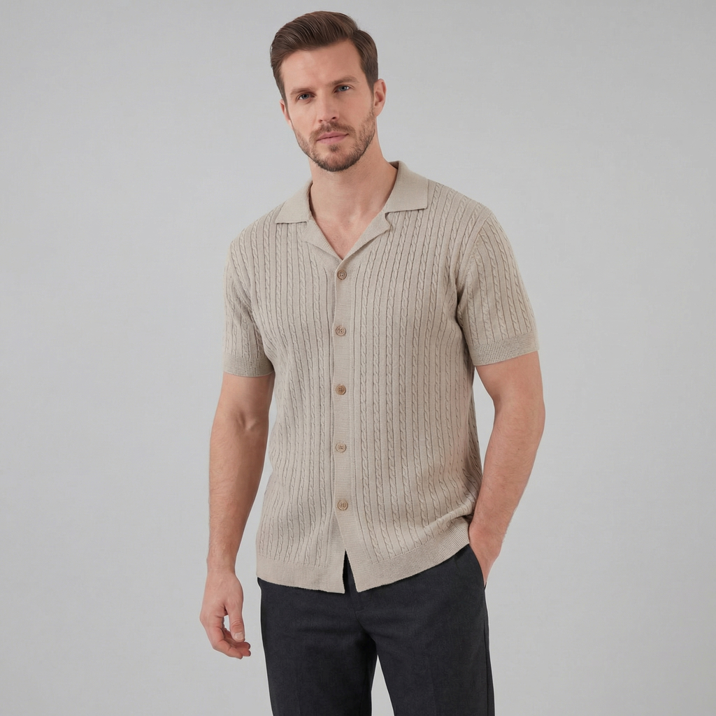Cable Knit Short Sleeve Shirt for Men - Casual Knitwear for Warm Weather