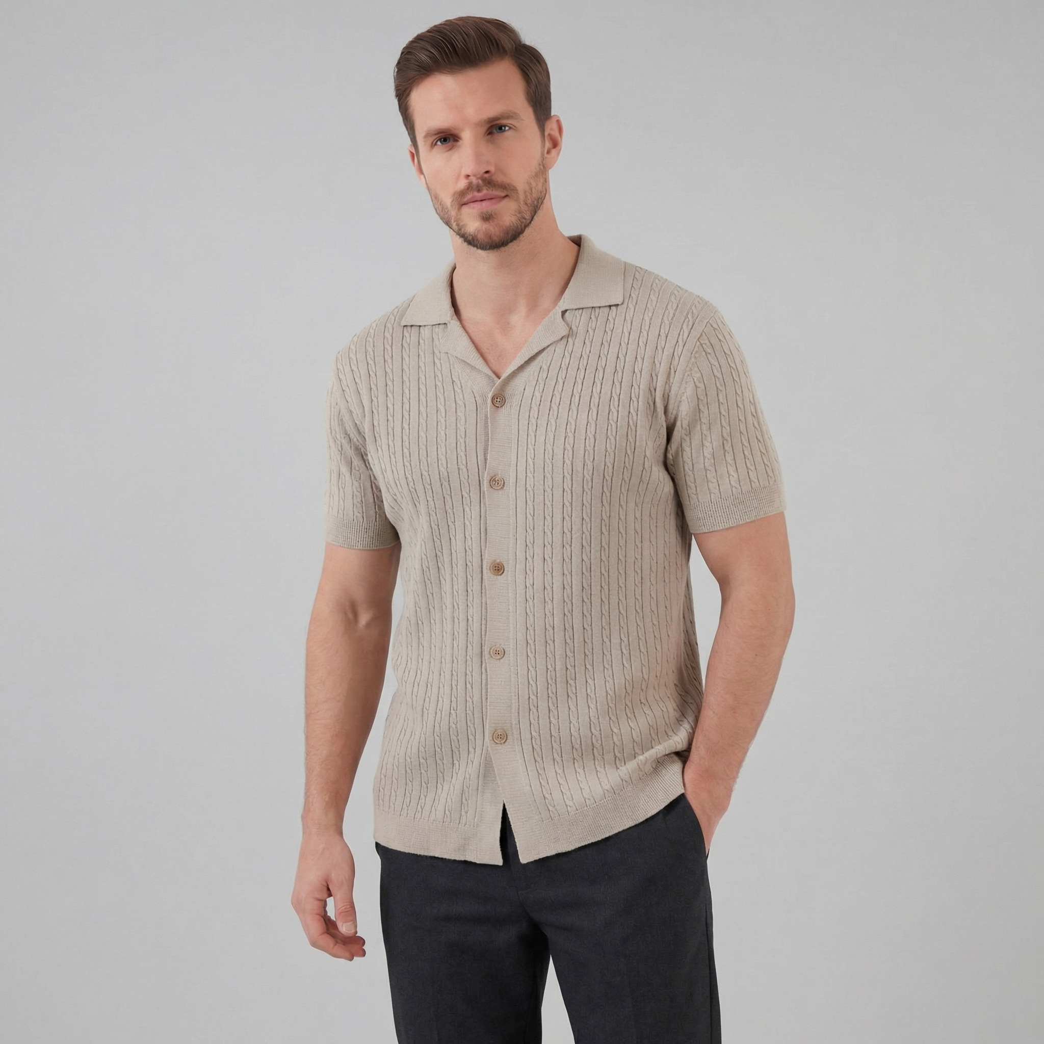Cable Knit Short Sleeve Shirt for Men - Casual Knitwear for Warm Weather