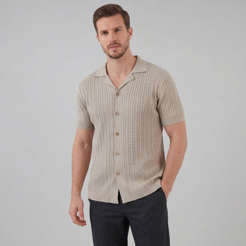 Cable Knit Short Sleeve Shirt for Men - Casual Knitwear for Warm Weather