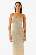 Metallic Knit Maxi Dress with Lace-Up Back and Thigh-High Slit for Evening Events