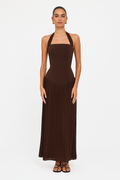 Halterneck Pleated Maxi Dress with Structured Bodice for Formal Events